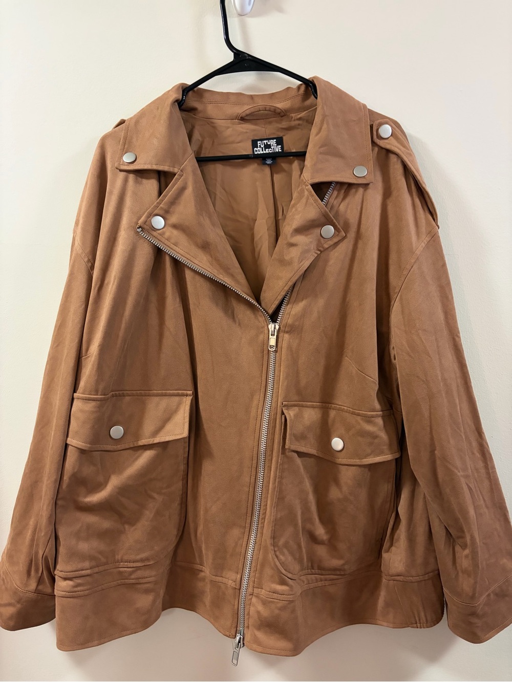 Future Collective Women's Tan Moto Jacket with Snap Flap Pockets
